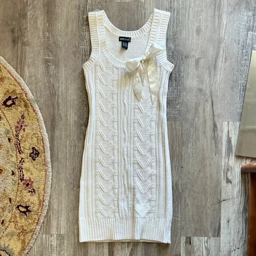 Vintage Y2K Wet Seal Sleeveless Cable Knit Mini Dress + Ribbon Bow Detail - Picture 9 of 11